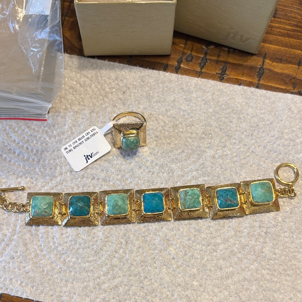 JTV Kingman Turquoise 18k Jewelry Tehya Collection, ring and bracelet